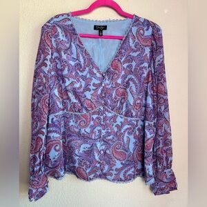 Jessica Simpson Blue Boho Paisley Chiffon Long Sleeve Crochet Trim Blouse 2X
